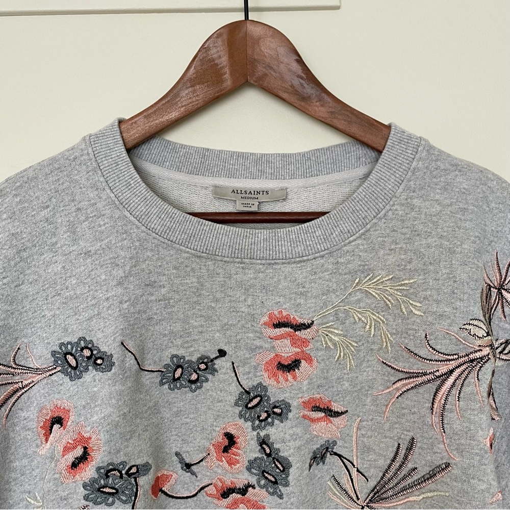 All Saints Margot Floral Embroidered Sweatshirt Medium Gray Pink Blue - Picture 6 of 13